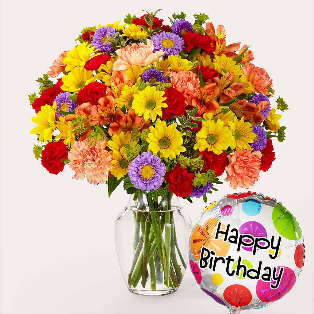 Kaleidoscope Bouquet with Birthday Balloon – Monarca Florist, Yonkers NY
