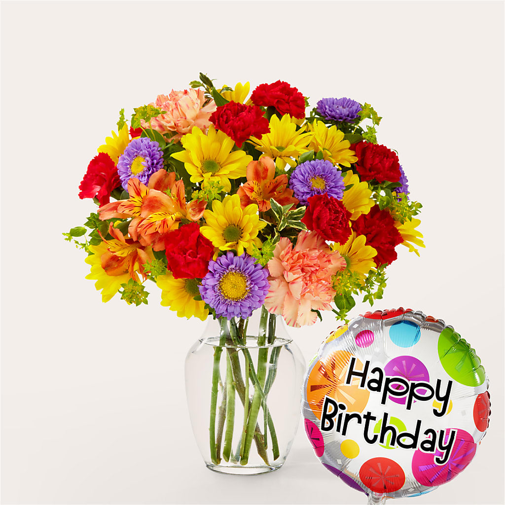 Kaleidoscope Bouquet with Birthday Balloon – Monarca Florist, Yonkers NY