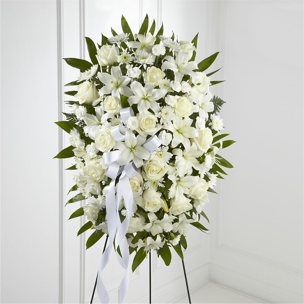 Exquisite Tribute Standing Spray-White Ribbon – Monarca Florist, Yonkers NY