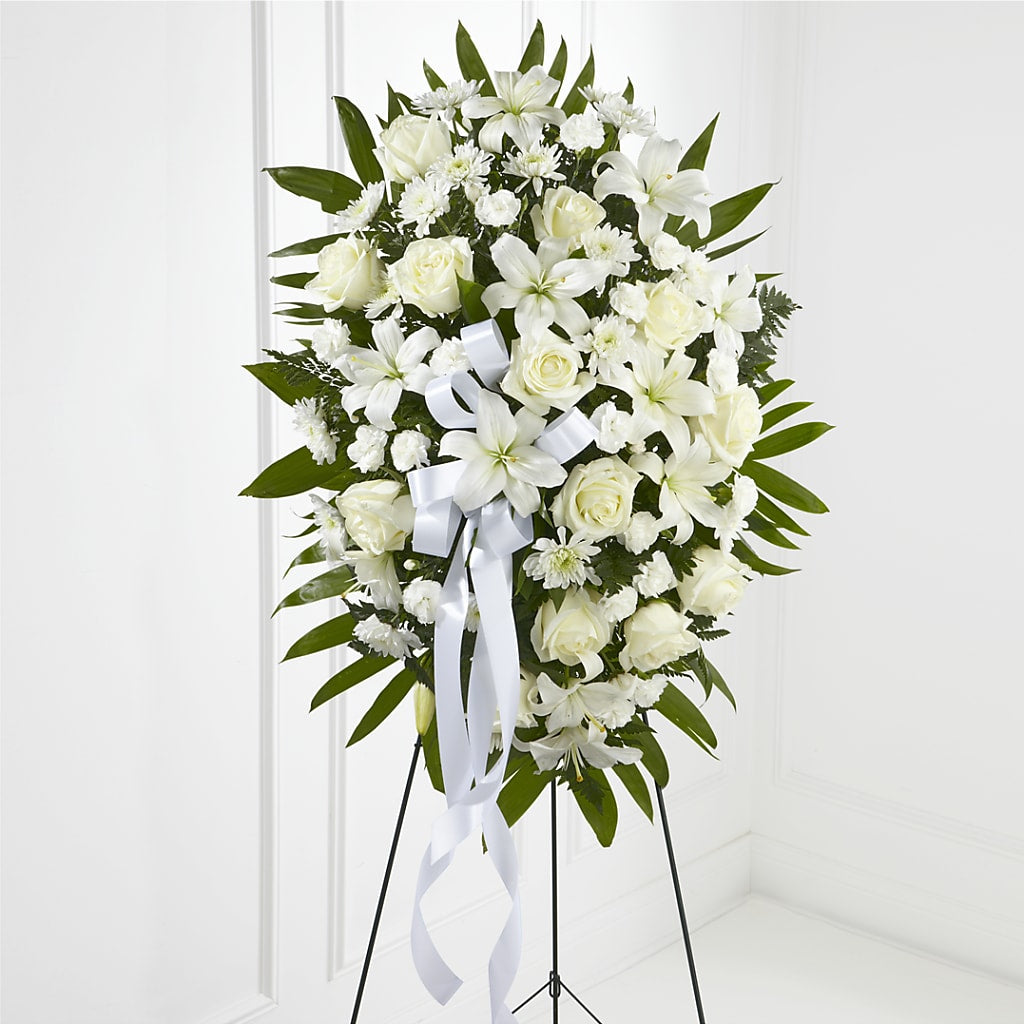 Exquisite Tribute Standing Spray-White Ribbon – Monarca Florist, Yonkers NY